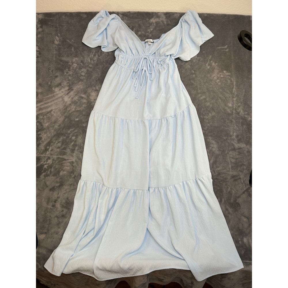 Discreet NYC Light Blue Tiered Maxi Dress Womens Large Boho Off Shoulder V-Neck